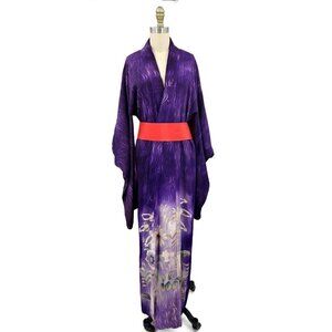 Vtg Japan Silk Kimono Robe Purple Red  Belt Floral